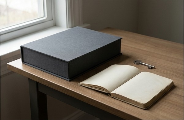 Conceptual AI illustration: A closed archive box beside a blank review notebook and one key.