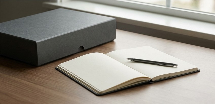 Conceptual AI illustration: An archive box beside a blank maintenance notebook and pen.