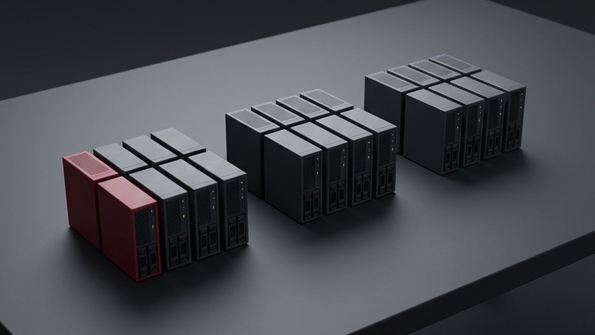 Conceptual AI illustration: Three organized clusters of small server modules.
