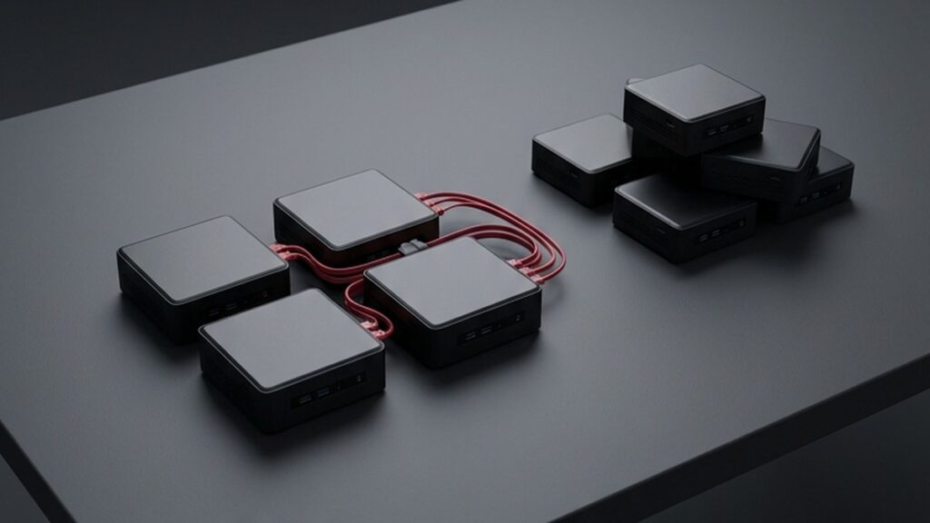 Conceptual AI illustration: Connected compute modules beside a separate unassigned group.
