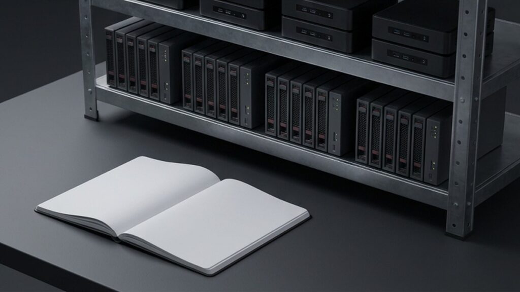 Conceptual AI illustration: Server shelves beside an open blank planning notebook.