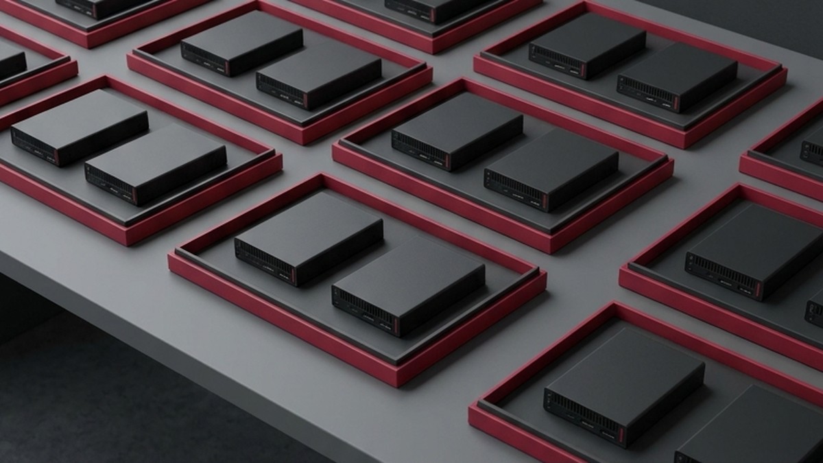 Conceptual AI illustration: Small compute modules grouped in trays with crimson boundaries.