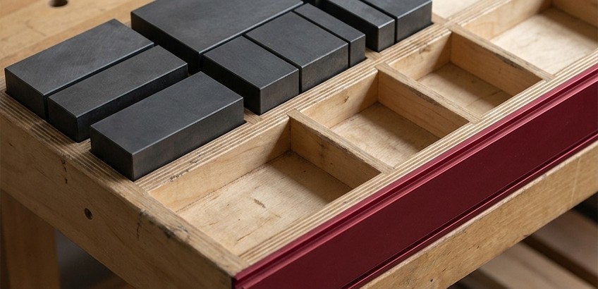 Conceptual AI illustration: Graphite blocks beside empty tray compartments and a crimson boundary rail.