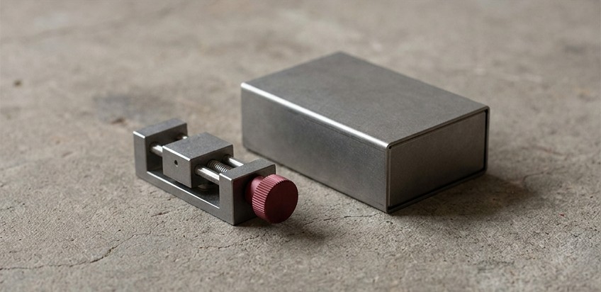 Conceptual AI illustration: A small adjustable metal fixture beside a separate plain storage module.