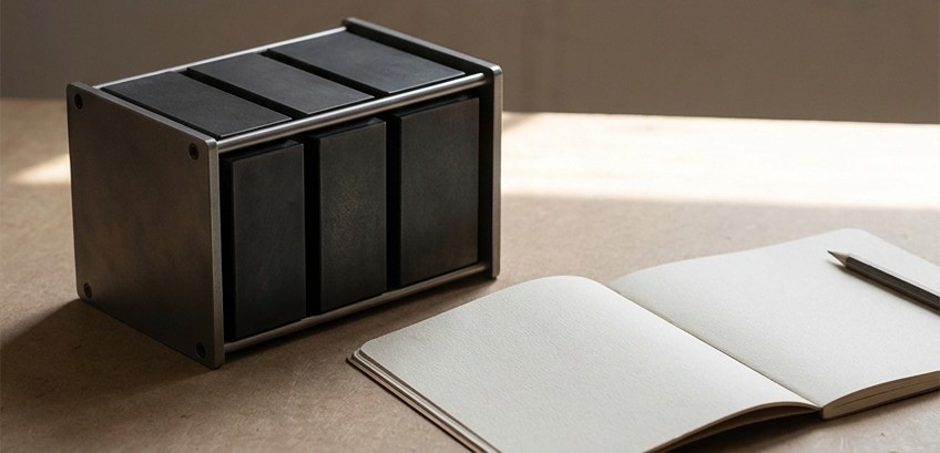 Conceptual AI illustration: A rack of three graphite modules beside a blank capacity notebook.