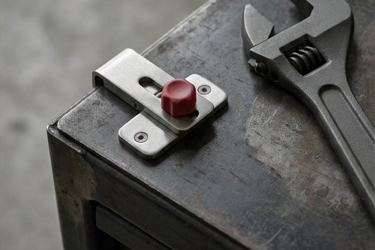 Conceptual AI illustration: A compact adjustable latch beside a larger unused wrench.