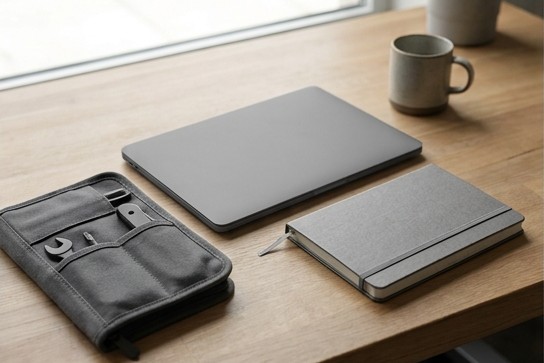 Conceptual AI illustration: A closed laptop beside a small fitted toolkit and blank maintenance notebook.
