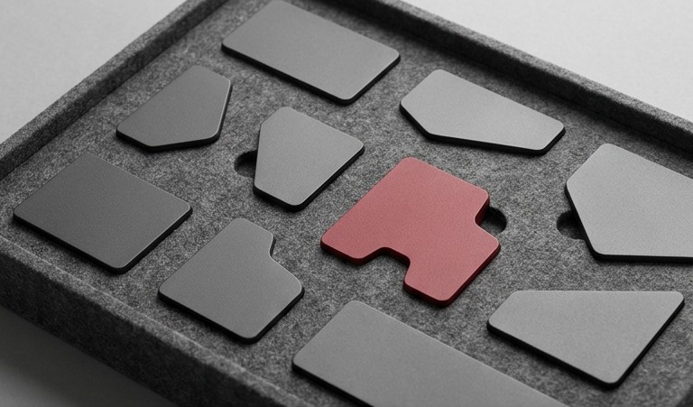 Conceptual AI illustration: A fitted tray of distinct gray inserts with one unique crimson piece.