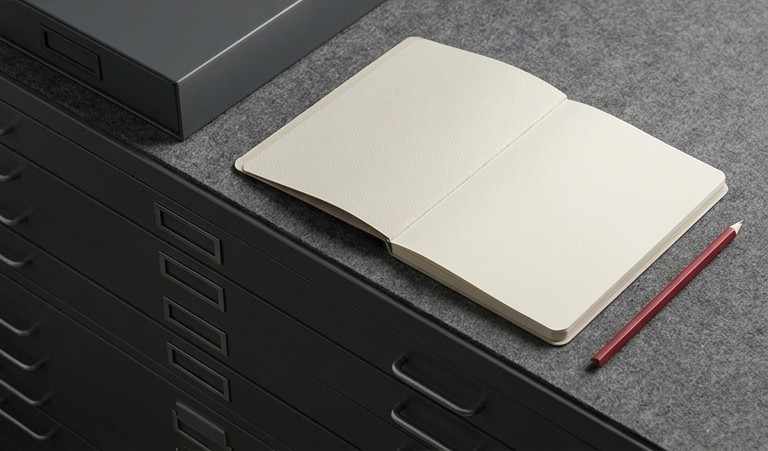 Conceptual AI illustration: Archive drawers beside a blank review notebook and crimson pencil.