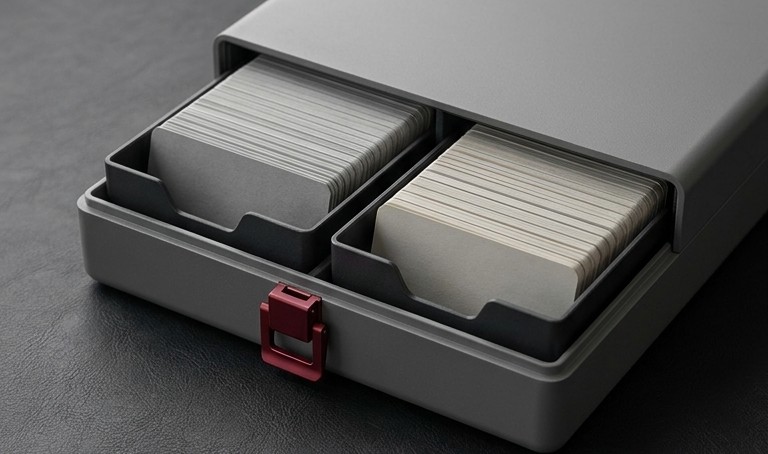 Conceptual AI illustration: Two trays of blank record cards inside one fitted enclosure with a crimson latch.