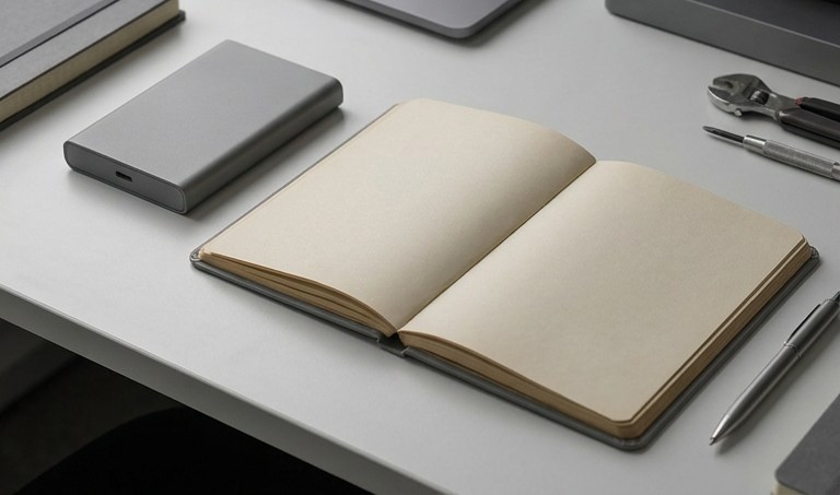 Conceptual AI illustration: A compact storage drive beside an open blank maintenance notebook.