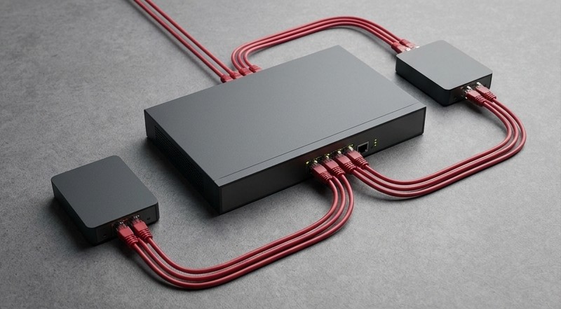 Conceptual AI illustration: Three network appliances connected by crimson cables.