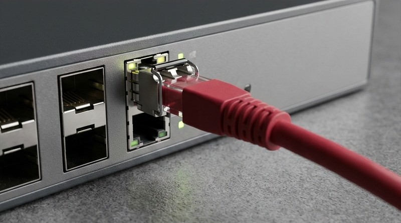 Conceptual AI illustration: A crimson network cable plugged into a server interface.
