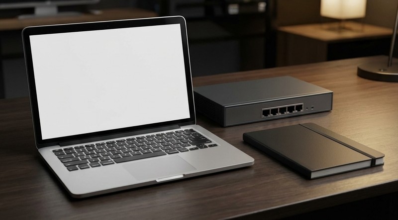 Conceptual AI illustration: A blank-screen administration laptop beside a network appliance and notebook.
