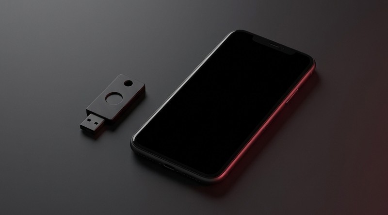 Conceptual AI illustration: A security key beside a phone with a blank screen.