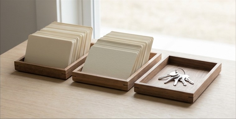 Conceptual AI illustration: Separate trays of blank data cards and a small ring of unmarked keys.