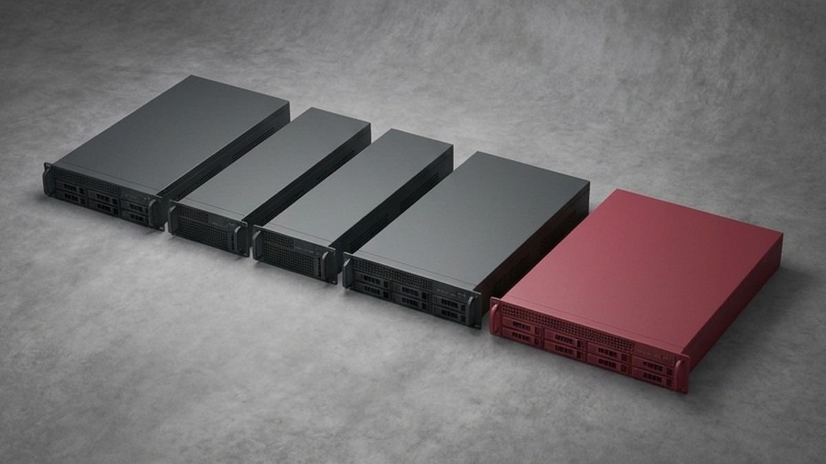 Conceptual AI illustration: Charcoal server modules beside one crimson module.
