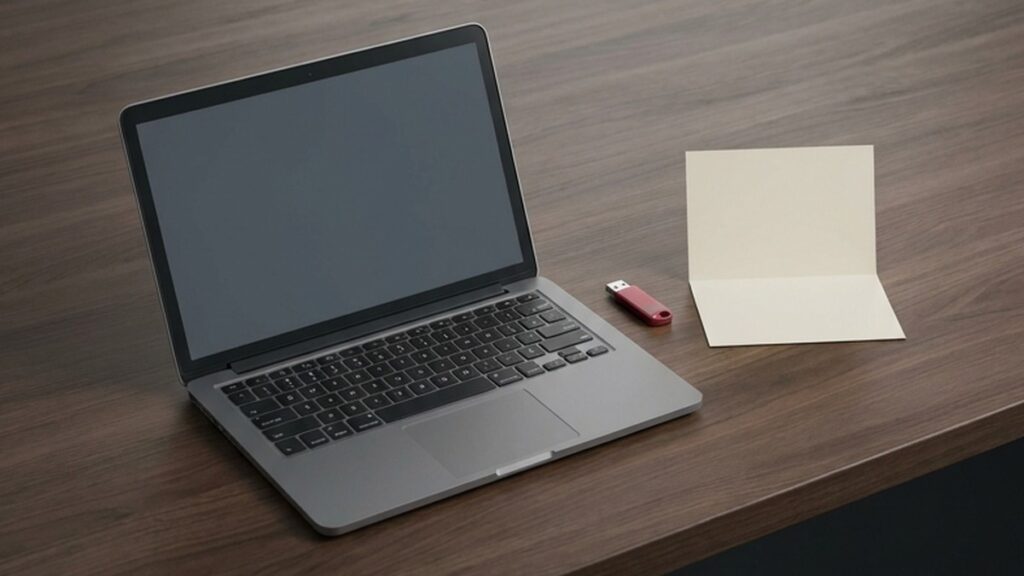 Conceptual AI illustration: A blank-screen laptop beside a red USB drive and blank card.