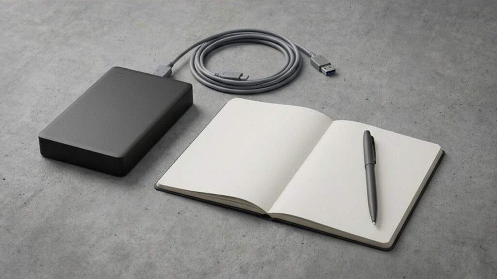 Conceptual AI illustration: An independent backup drive beside a cable and blank notebook.