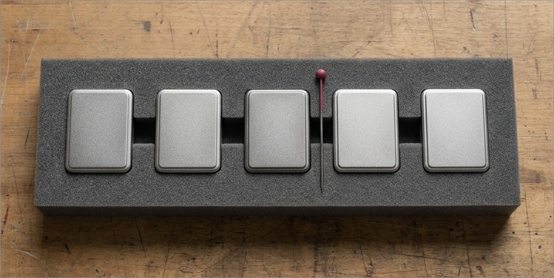 Conceptual AI illustration: Five plain component cases in a fitted foam tray with one crimson pin.