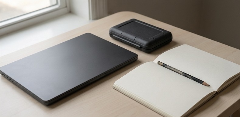 Conceptual AI illustration: A closed laptop beside a sealed component case and blank testing notebook.