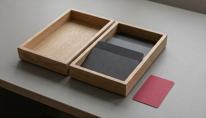Conceptual AI illustration: Two separate card trays beside a blank crimson access card.