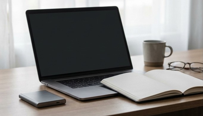 Conceptual AI illustration: A blank-screen database laptop beside a backup drive and open notebook.