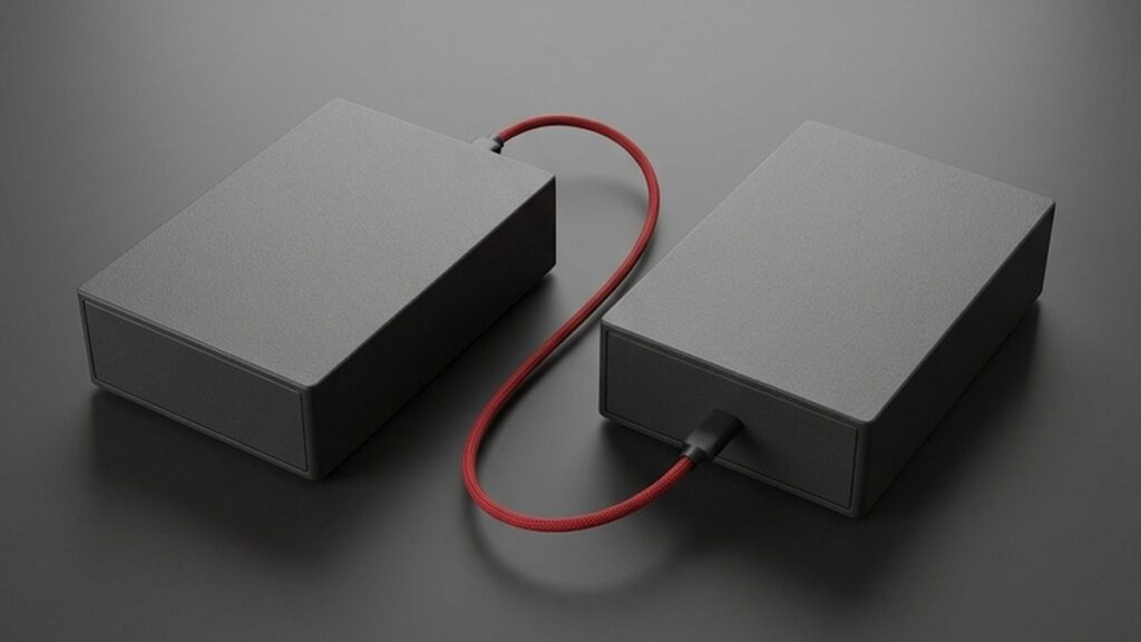 Conceptual AI illustration: Two graphite storage appliances linked by red cable.