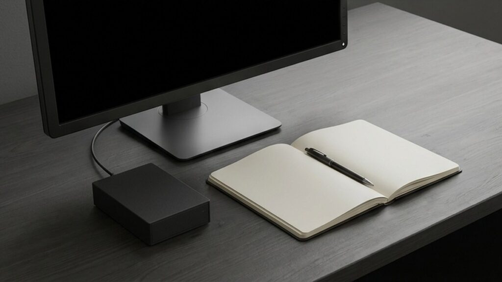 Conceptual AI illustration: A database maintenance desk with blank monitor, drive, and notebook.