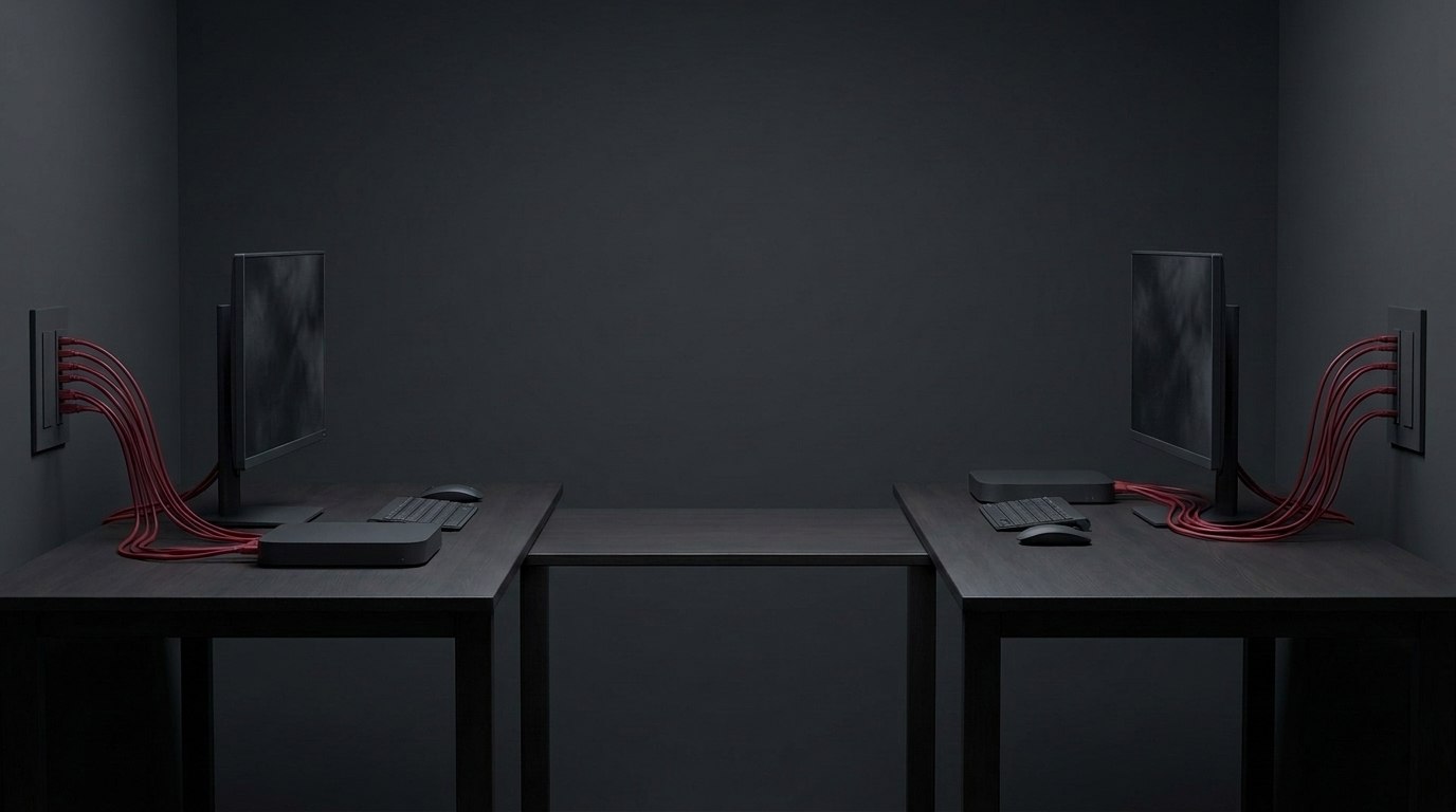 Conceptual AI illustration of two separate development workstations with red cables.