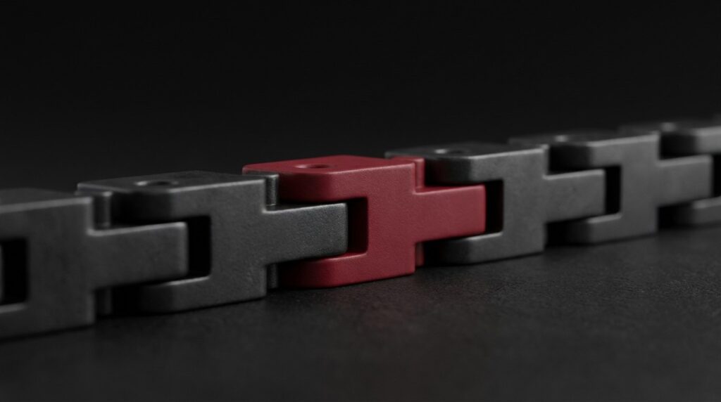 Conceptual AI illustration of linked charcoal and crimson components representing software dependencies.