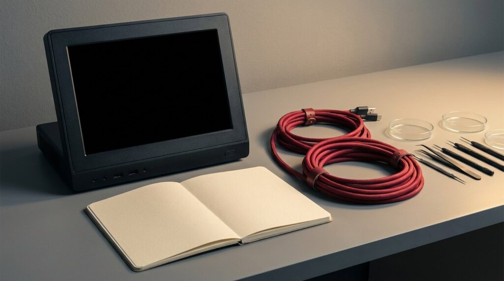 Conceptual AI illustration of a test workstation, blank notebook, and organized red cables.