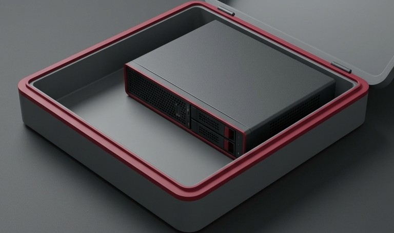 Conceptual AI illustration: A server inside a gray enclosure with a crimson boundary.