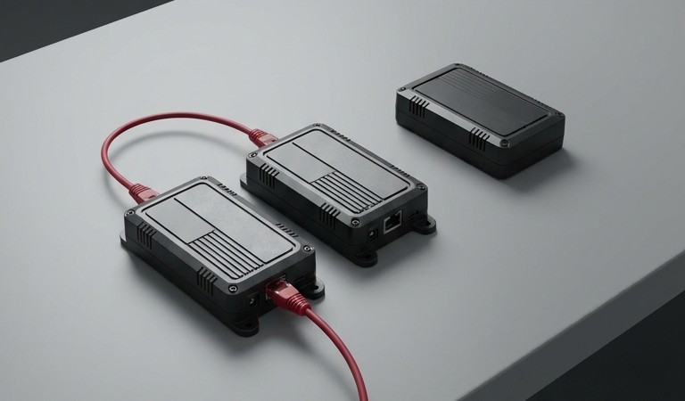 Conceptual AI illustration: Two connected endpoint modules beside a separate unconnected module.