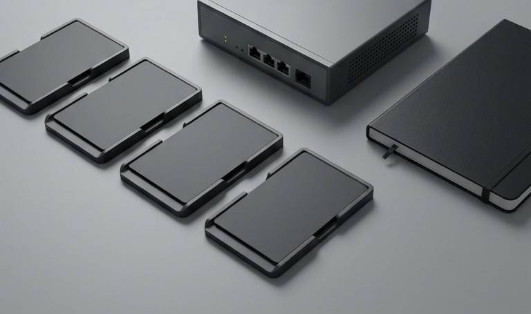 Conceptual AI illustration: Blank access cards beside a network appliance and closed notebook.