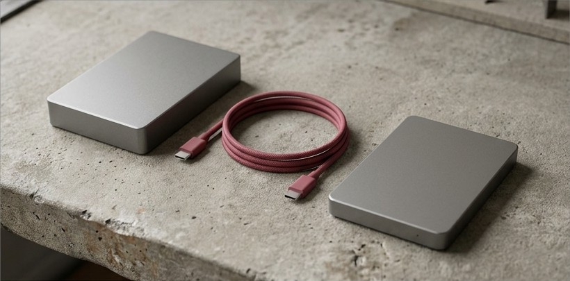 Conceptual AI illustration: Two gray storage drives separated by a looped crimson cable.