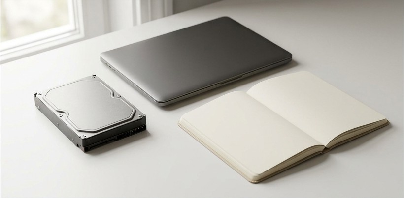 Conceptual AI illustration: A disconnected archive drive beside a closed laptop and blank restore notebook.