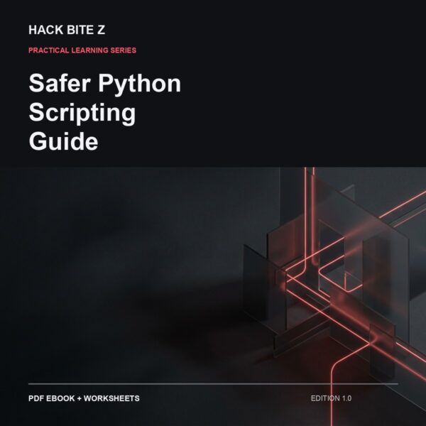 Cover of Safer Python Scripting Guide by Hack Bite Z, with dark panels and red light paths