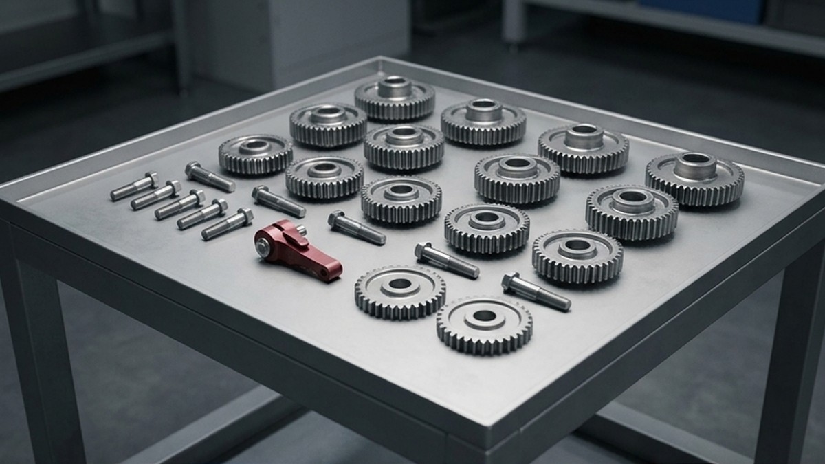 Conceptual AI illustration: Mechanical components laid out for inspection with one crimson part.