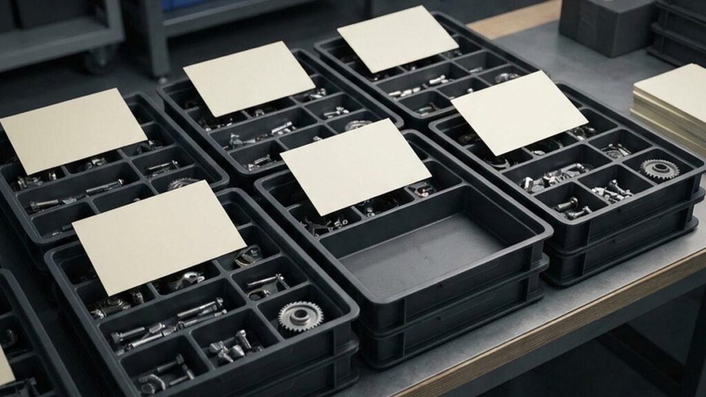 Conceptual AI illustration: Nested parts trays beside blank inventory cards and an empty slot.