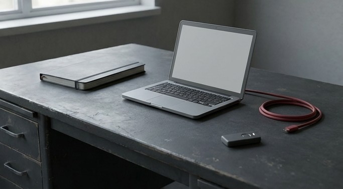 Conceptual AI illustration: A blank-screen laptop beside a separate authentication device and disconnected cable.