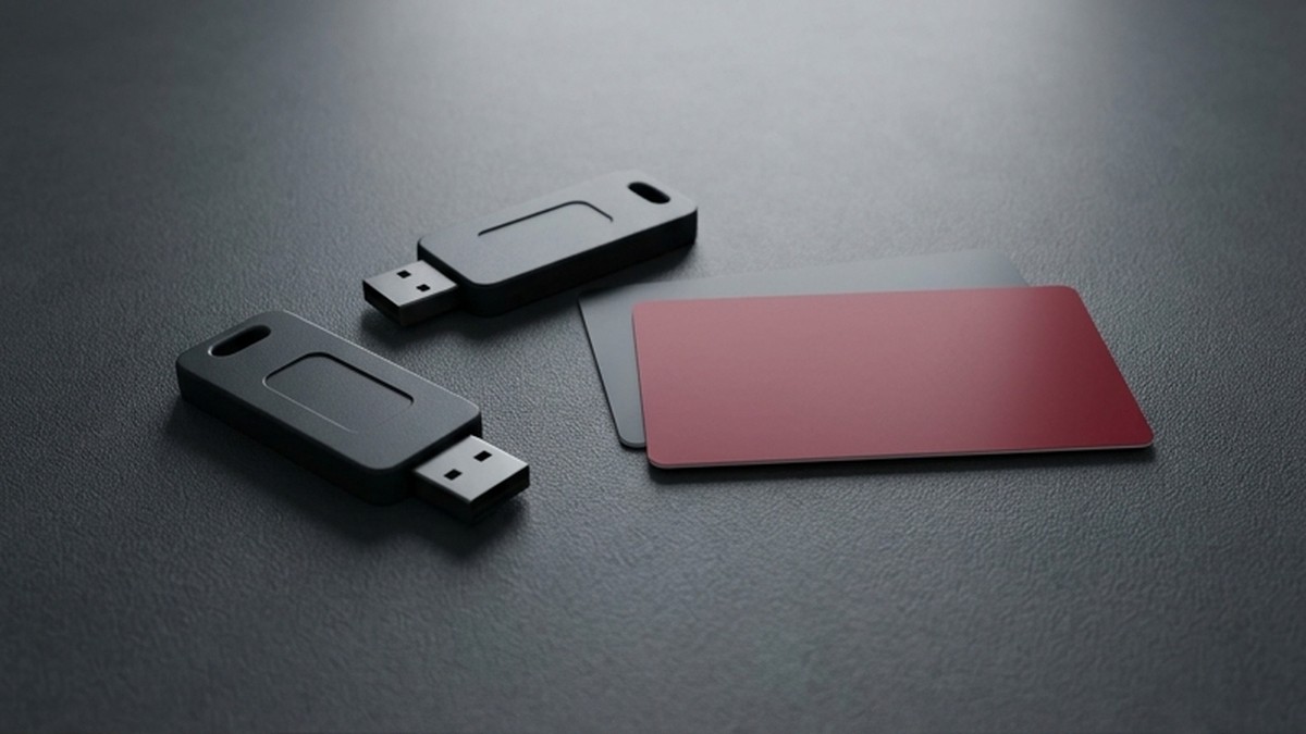 Conceptual AI illustration: Two physical security tokens beside blank identity cards.