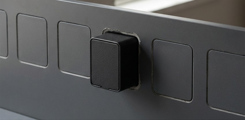 Conceptual AI illustration: A single storage module protruding through one opening in a gray divider.