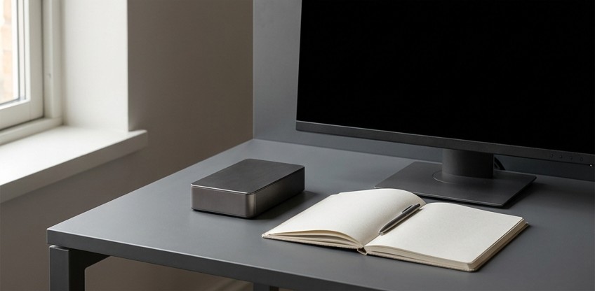 Conceptual AI illustration: A blank-screen administration monitor beside a module and open notebook.