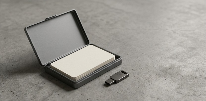 Conceptual AI illustration: An open graphite record case containing blank cards beside a metal security key.