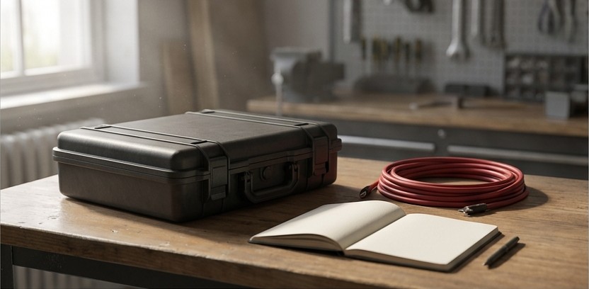 Conceptual AI illustration: A closed record case beside a blank notebook and coiled crimson cable.