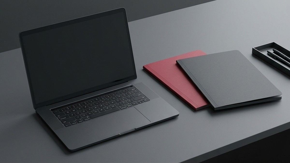 Conceptual AI illustration: A blank-screen laptop beside charcoal and crimson project folders.