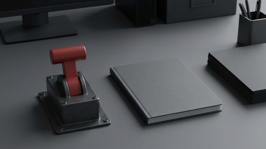 Conceptual AI illustration: A red physical approval control beside a notebook.