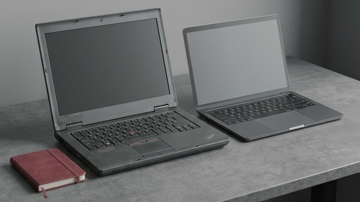 Conceptual AI illustration: An older laptop beside a newer slim laptop on a gray desk.