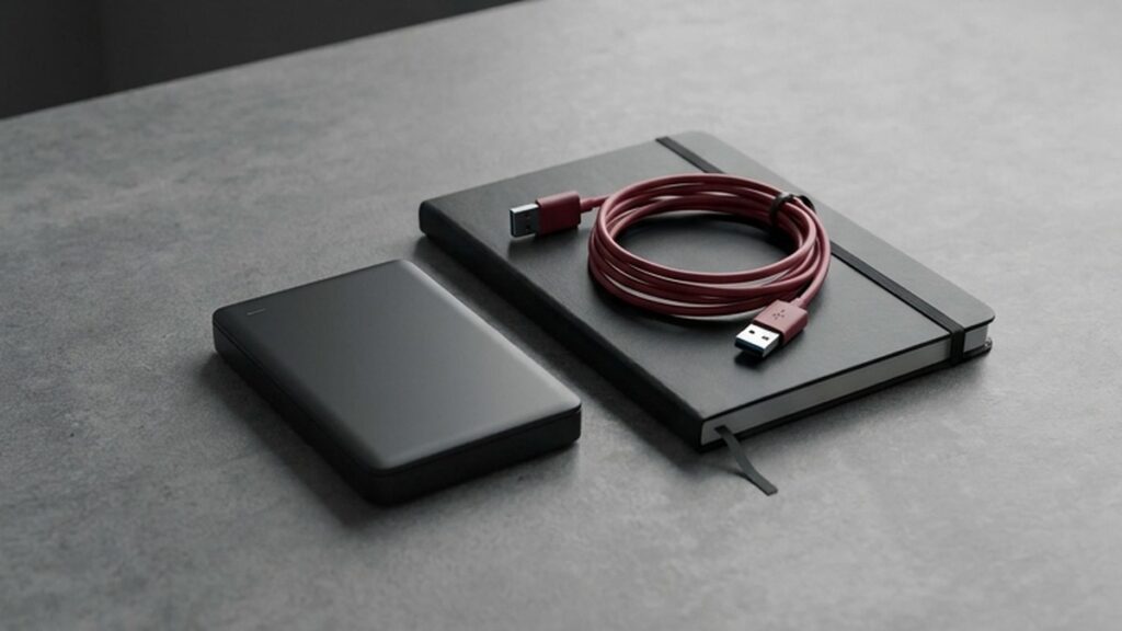 Conceptual AI illustration: A separate backup drive, notebook, and red cable.